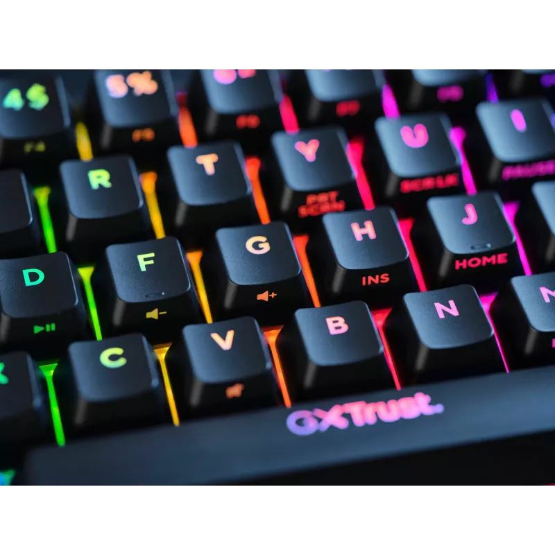 Trust GXT 867 Acira klaviatūra, žaidimų, USB, QWERTZ, vokiška, juoda, pilka, 60%, mechaninė, RGB