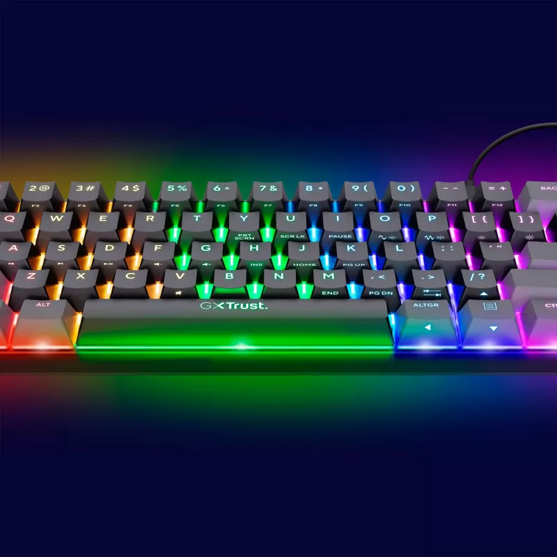 Trust GXT 867 Acira klaviatūra, žaidimų, USB, QWERTZ, vokiška, juoda, pilka, 60%, mechaninė, RGB