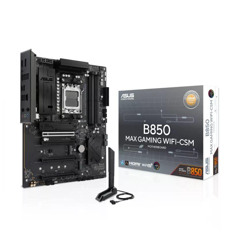 Pagrindinė plokštė ASUS B850 MAX GAMING WIFI, lizdas AM5, ATX, AMD B850, DDR5, 4 DIMM, 256 GB, Wi‑Fi 6E, 2,5 Gb Ethernet