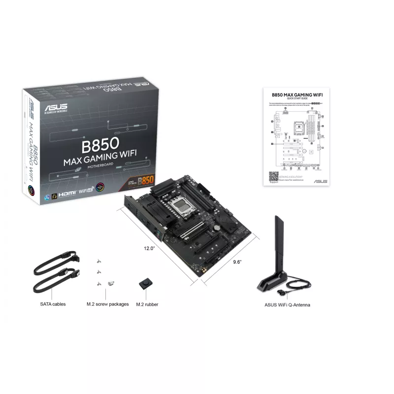 Pagrindinė plokštė ASUS B850 MAX GAMING WIFI, lizdas AM5, ATX, AMD B850, DDR5, 4 DIMM, 256 GB, Wi‑Fi 6E, 2,5 Gb Ethernet