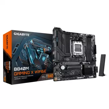 GIGABYTE B840M GAMING X WIFI6E pagrindinė plokštė - AMD Ryzen 9000 procesoriai, 8+2+2 fazių VRM, iki 8200 MHz DDR5 (O.C.), 2xPCIe 4.0 M.2, Wi-Fi 6E, 2,5GbE LAN, USB 3.2 Gen 1