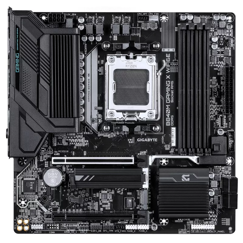 GIGABYTE B840M GAMING X WIFI6E pagrindinė plokštė - AMD Ryzen 9000 procesoriai, 8+2+2 fazių VRM, iki 8200 MHz DDR5 (O.C.), 2xPCIe 4.0 M.2, Wi-Fi 6E, 2,5GbE LAN, USB 3.2 Gen 1