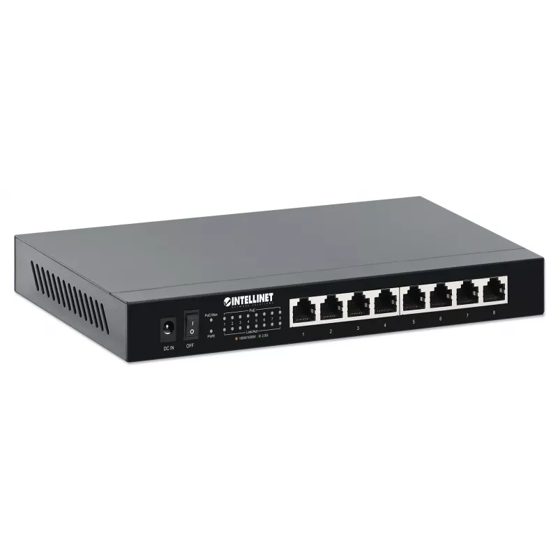 Intellinet 8 prievadų 2,5G Ethernet PoE+ komutatorius Aštuoni 10/100/1000/2500 Mbps PSE PoE+ prievadai, 100 W PoE galios biudžetas, nevaldomas, stalinis formatas, galimybė montuoti ant sienos