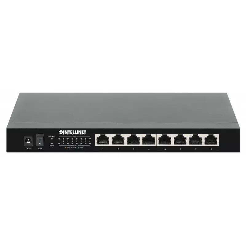 Intellinet 8 prievadų 2,5G Ethernet PoE+ komutatorius Aštuoni 10/100/1000/2500 Mbps PSE PoE+ prievadai, 100 W PoE galios biudžetas, nevaldomas, stalinis formatas, galimybė montuoti ant sienos