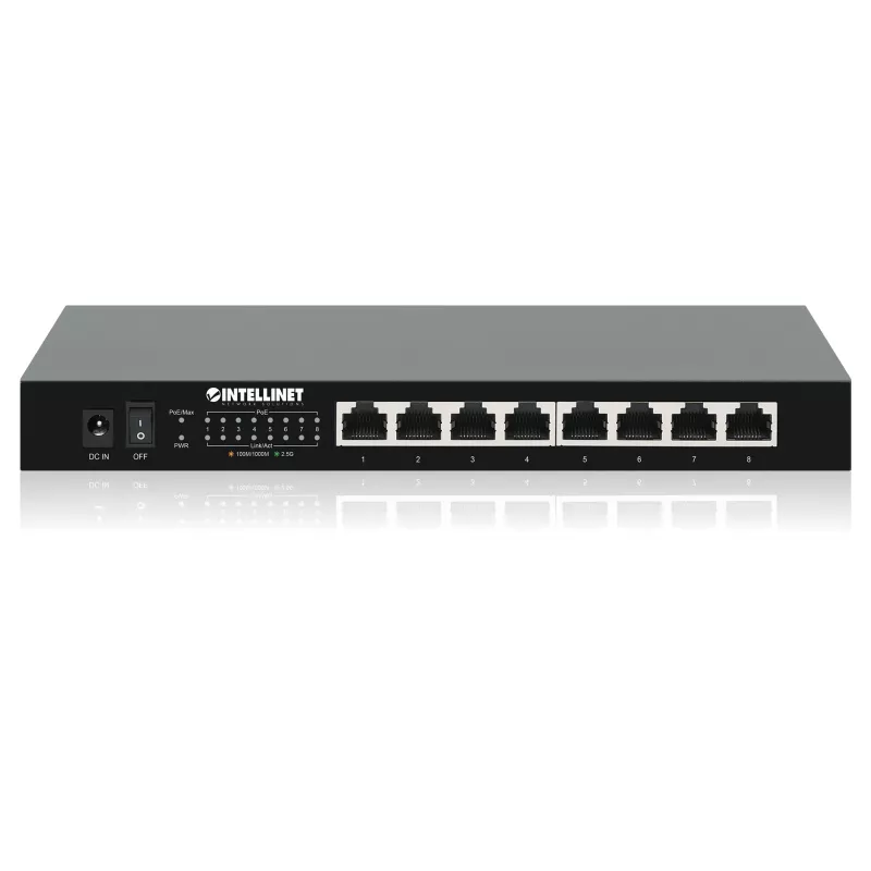 Intellinet 8 prievadų 2,5G Ethernet PoE+ komutatorius Aštuoni 10/100/1000/2500 Mbps PSE PoE+ prievadai, 100 W PoE galios biudžetas, nevaldomas, stalinis formatas, galimybė montuoti ant sienos