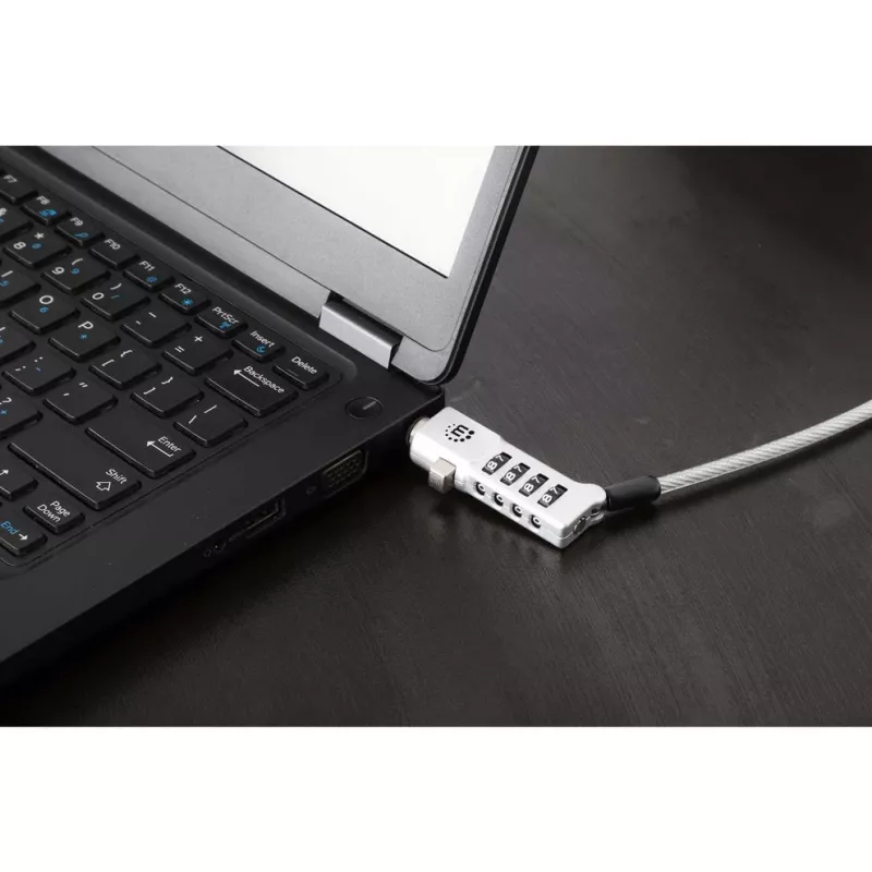 Manhattan Universal Laptop Combination Lock For Noble Wedge®, Nano and K-Slot, Secure 3-in-1 Anti-theft Notebook Lock, Resettable 4-digit Combo, 1.8m, Cut-Resistant Carbon Steel kabelis, Translucent PVC Jacket, Sidabrinė