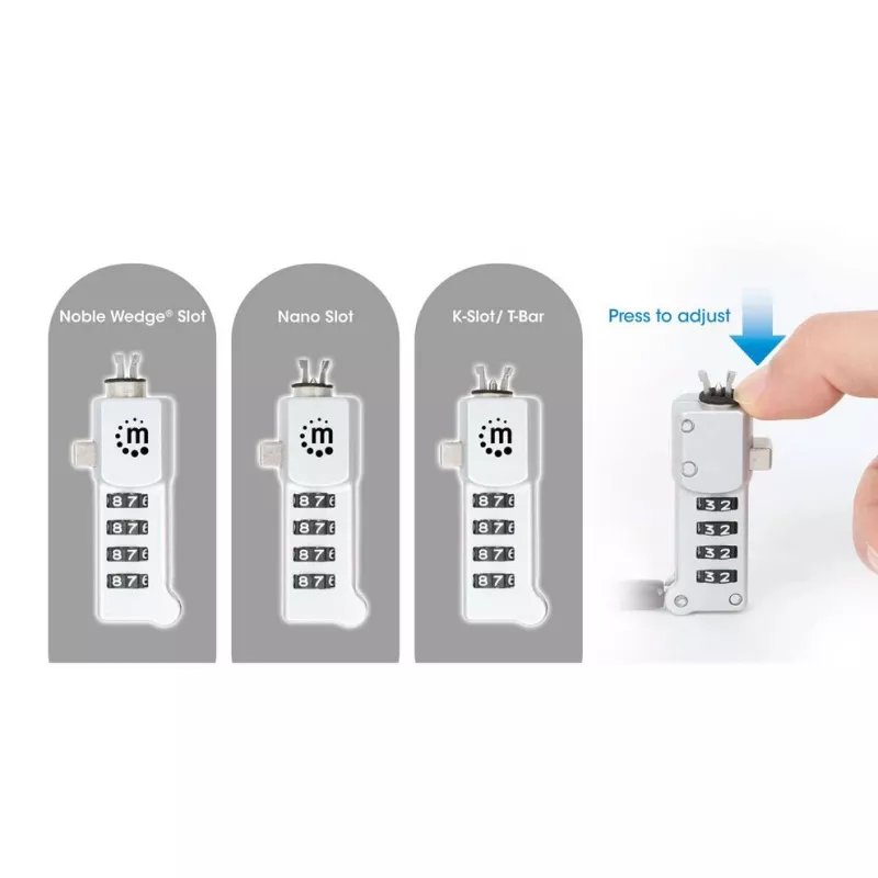 Manhattan Universal Laptop Combination Lock For Noble Wedge®, Nano and K-Slot, Secure 3-in-1 Anti-theft Notebook Lock, Resettable 4-digit Combo, 1.8m, Cut-Resistant Carbon Steel kabelis, Translucent PVC Jacket, Sidabrinė