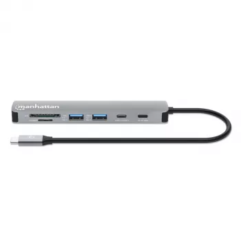 Manhattan USB-C dokas / stotelė su kortelių skaitytuvu, prievadai (x5): HDMI, USB-A (x2) ir USB-C (x2), su Power Delivery (PD) 100 W – reikalingas išorinis USB-C įkroviklis (nepridedamas). Maitinimas per USB (nereikia išorinio maitinimo šaltinio), kai PD nenaudojamas