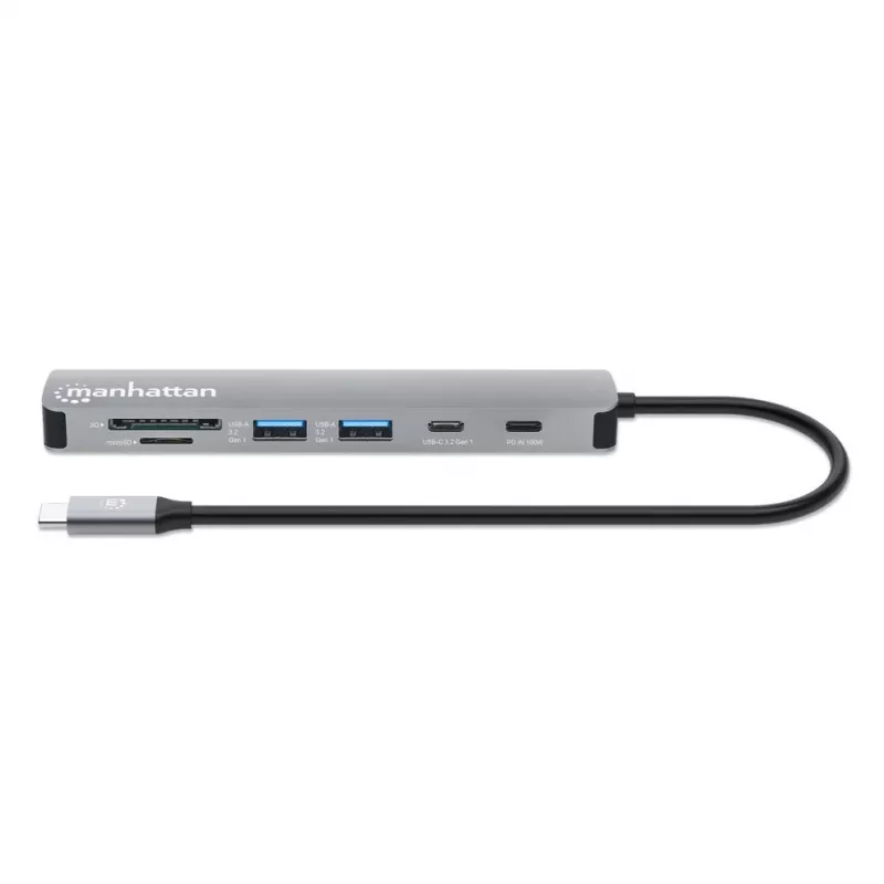 Manhattan USB-C dokas / stotelė su kortelių skaitytuvu, prievadai (x5): HDMI, USB-A (x2) ir USB-C (x2), su Power Delivery (PD) 100 W – reikalingas išorinis USB-C įkroviklis (nepridedamas). Maitinimas per USB (nereikia išorinio maitinimo šaltinio), kai PD nenaudojamas