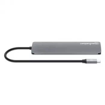 Manhattan USB-C dokas / stotelė su kortelių skaitytuvu, prievadai (x5): HDMI, USB-A (x2) ir USB-C (x2), su Power Delivery (PD) 100 W – reikalingas išorinis USB-C įkroviklis (nepridedamas). Maitinimas per USB (nereikia išorinio maitinimo šaltinio), kai PD nenaudojamas