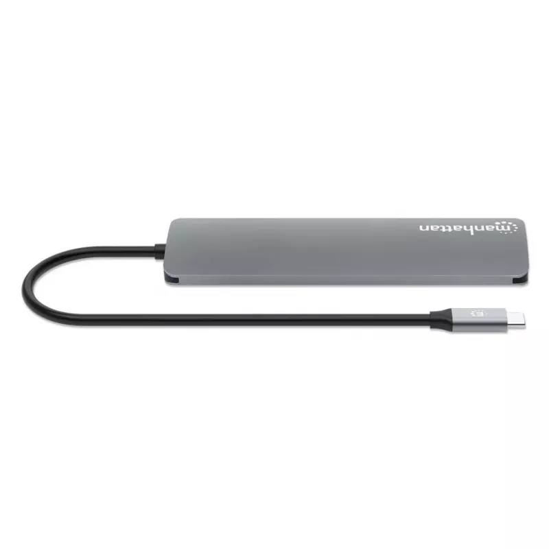 Manhattan USB-C dokas / stotelė su kortelių skaitytuvu, prievadai (x5): HDMI, USB-A (x2) ir USB-C (x2), su Power Delivery (PD) 100 W – reikalingas išorinis USB-C įkroviklis (nepridedamas). Maitinimas per USB (nereikia išorinio maitinimo šaltinio), kai PD nenaudojamas