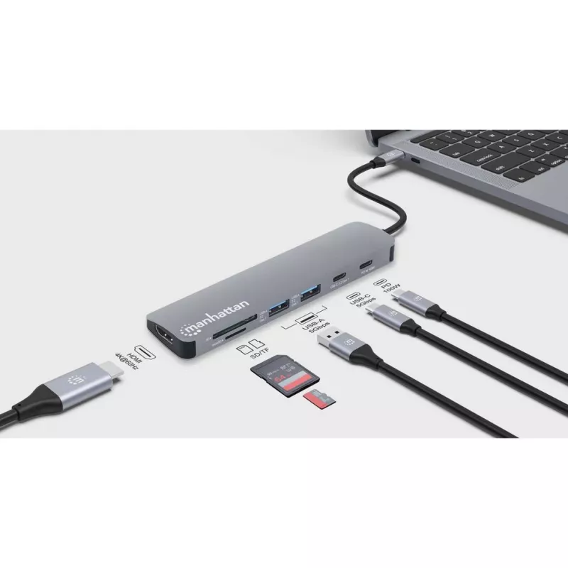 Manhattan USB-C dokas / stotelė su kortelių skaitytuvu, prievadai (x5): HDMI, USB-A (x2) ir USB-C (x2), su Power Delivery (PD) 100 W – reikalingas išorinis USB-C įkroviklis (nepridedamas). Maitinimas per USB (nereikia išorinio maitinimo šaltinio), kai PD nenaudojamas