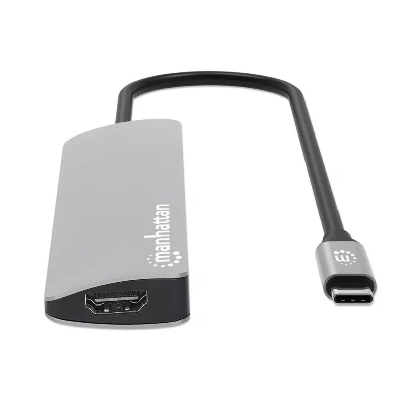 Manhattan USB-C dokas / stotelė su kortelių skaitytuvu, prievadai (x5): HDMI, USB-A (x2) ir USB-C (x2), su Power Delivery (PD) 100 W – reikalingas išorinis USB-C įkroviklis (nepridedamas). Maitinimas per USB (nereikia išorinio maitinimo šaltinio), kai PD nenaudojamas