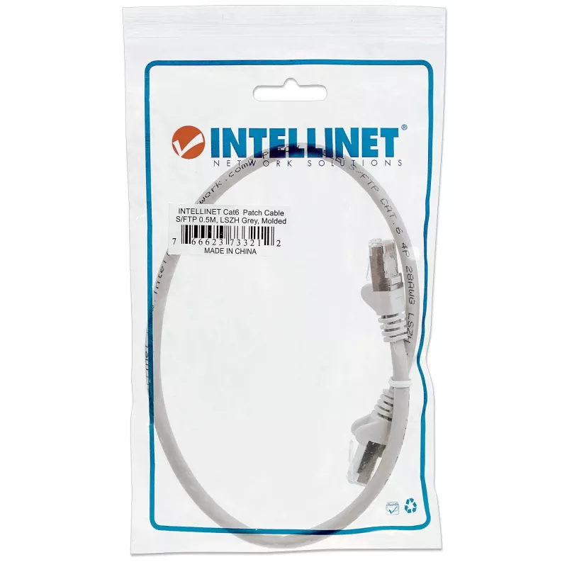 Intellinet tinklo komutacinis kabelis, Cat6, 0,5 m, pilkas, varis, S/FTP, LSOH / LSZH, PVC, RJ45, paauksuoti kontaktai, be užsikabinimų, su apsaugine mova, garantija visam naudojimui