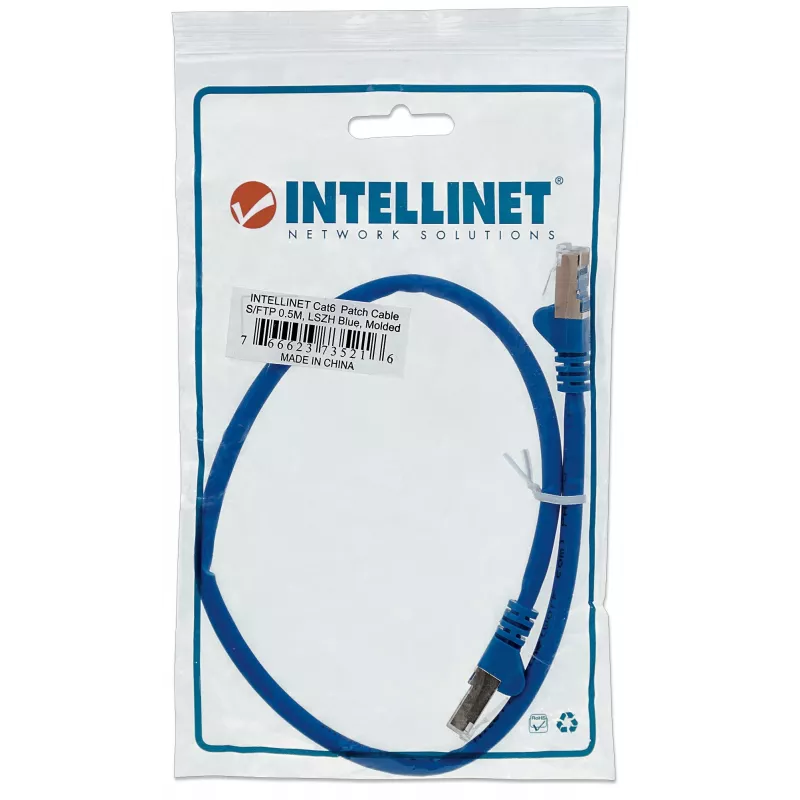 Intellinet tinklo komutacinis kabelis, Cat6, 0,5 m, mėlynas, varinis, S/FTP, LSOH / LSZH, PVC, RJ45, paauksuoti kontaktai, neužkabinamas, su apsauginiu gaubteliu, garantija visam naudojimo laikui