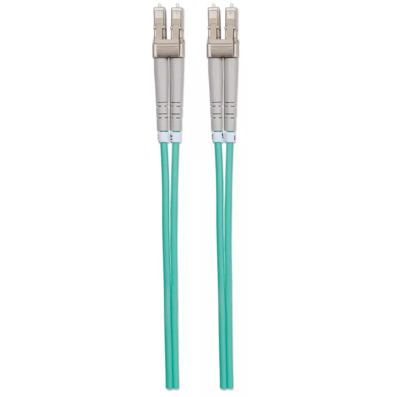 “Intellinet” šviesolaidinis komutacinis kabelis, OM3, LC/LC, 3 m, aqua, dvipusis, daugiamodis, 50/125 µm, LSZH, šviesolaidis, garantija visam naudojimo laikui