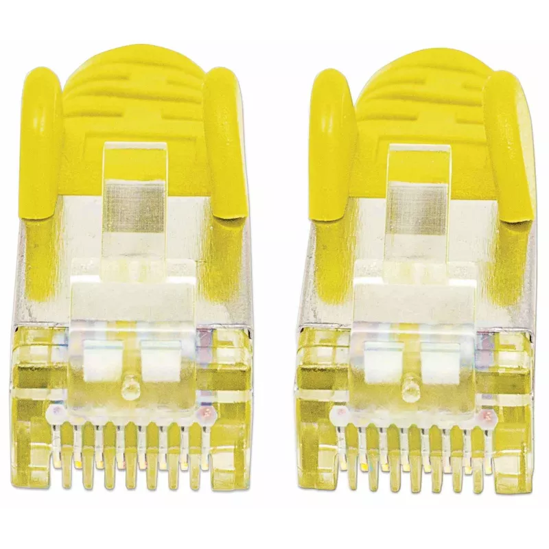 “Intellinet” tinklo komutacinis kabelis, Cat7 kabelis/Cat6A kištukai, 0,25 m, geltonas, varis, S/FTP, LSOH / LSZH, PVC, RJ45, auksu dengti kontaktai, nesikabinantis, su apsauginiu gaubteliu, garantija visam naudojimo laikui