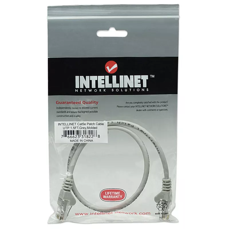 Intellinet Network komutacinis kabelis, Cat5e, 0.5m, Pilka, CCA, U/UTP, PVC, RJ45, Auksuoti kontaktai, Bespalvis, Su apsauga, Garantija visam gyvenimui