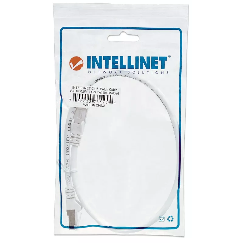 Intellinet tinklo komutacinis kabelis, Cat6, 0,5 m, baltas, varis, S/FTP, LSOH / LSZH, PVC, RJ45, paauksuoti kontaktai, neužkabinamas, su apsauginiu gaubteliu, garantija visam eksploatavimo laikui
