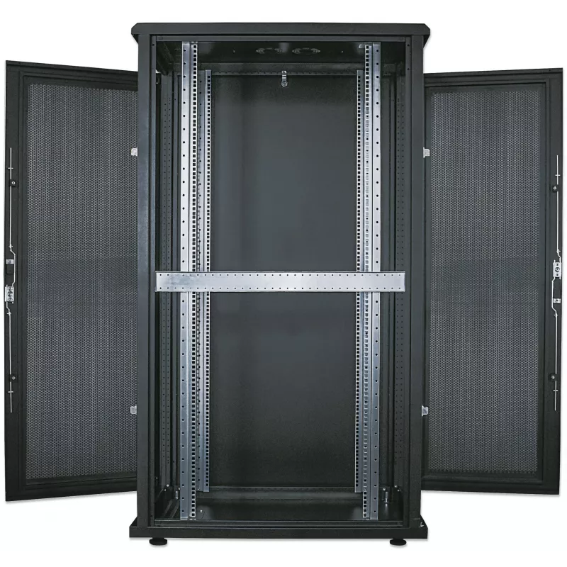 Intellinet 19 colių serverių spinta - laisvai stovinti, 42U, 600x1000mm (plotis x gylis), juoda, plokščia pakuotė, maks. 1500 kg, kelių taškų durų užraktas, po vieną užraktą šoninėms plokštėms, naudojamas gylis nuo 123 iki 773 mm, IP20 apsaugos klasė, stovas, plienas