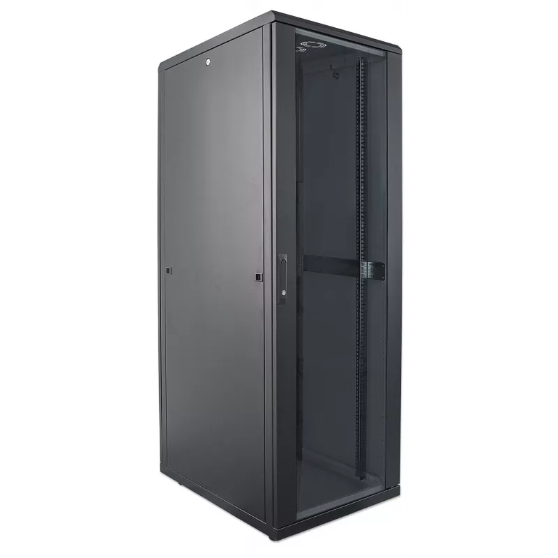 Intellinet 19 colių tinklo spinta - laisvai pastatoma, 42U, 800x800mm (plotis x gylis), juoda, plokščia pakuotė, maks. 1500 kg, daugiataškis durų užraktas, po vieną užraktą šoniniam skydeliui, naudojamas gylis 123–573 mm, IP20, stovas, plienas