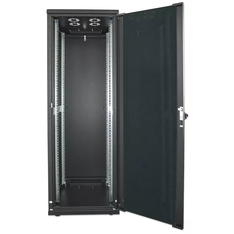 Intellinet 19 colių tinklo spinta - laisvai pastatoma, 42U, 800x800mm (plotis x gylis), juoda, plokščia pakuotė, maks. 1500 kg, daugiataškis durų užraktas, po vieną užraktą šoniniam skydeliui, naudojamas gylis 123–573 mm, IP20, stovas, plienas