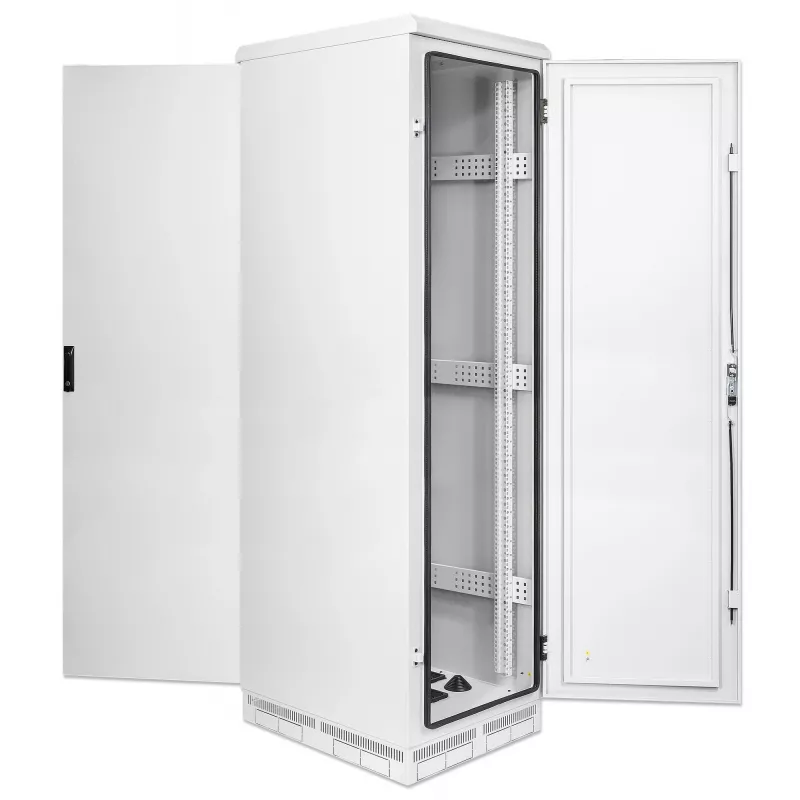 Intellinet Industrial IP55 19 colių tinklo spinta su integruotais ventiliatoriais, 42U 800 mm gylio, ant stogo montuojamas keturių ventiliatorių vėdinimo įrenginys, apsauga nuo dulkių patekimo ir vandens čiurkšlių, ant grindų statoma, surinkta, šviesiai pilka RAL7035