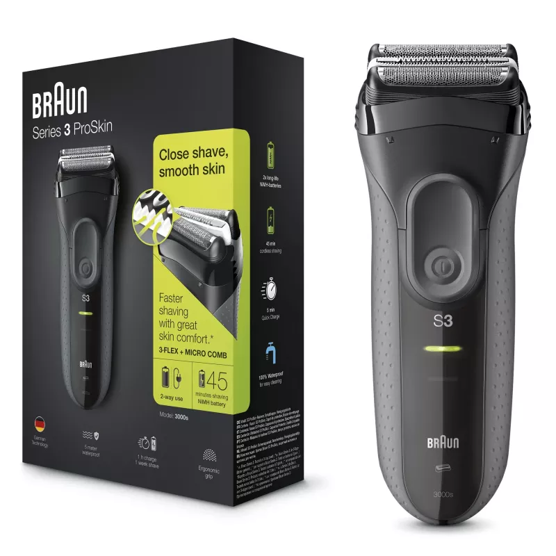 Braun Series 3 Series 3000 Skutimosi mašinėlė, Folijinė skutimosi mašinėlė, Juoda, 2 SensoFoil, LED, Maitinimas, AC/Baterija
