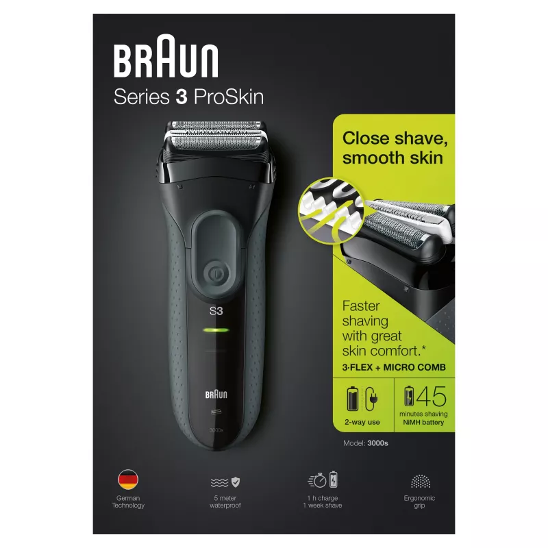 Braun Series 3 Series 3000 Skutimosi mašinėlė, Folijinė skutimosi mašinėlė, Juoda, 2 SensoFoil, LED, Maitinimas, AC/Baterija