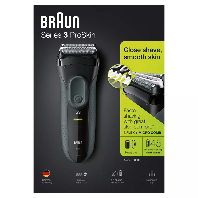 Braun Series 3 Series 3000 Skutimosi mašinėlė, Folijinė skutimosi mašinėlė, Juoda, 2 SensoFoil, LED, Maitinimas, AC/Baterija