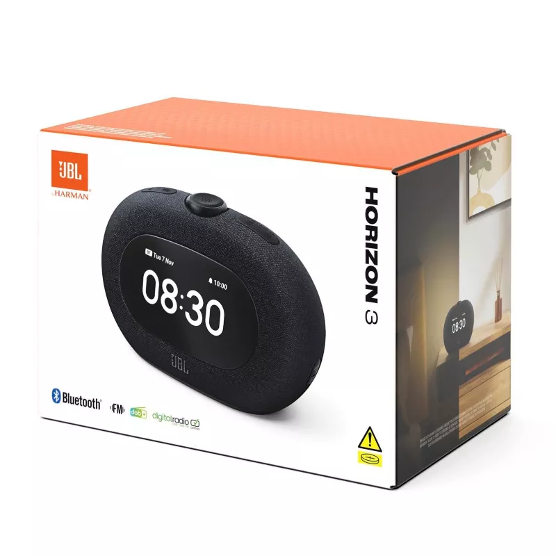 Laikrodis radijas JBL HORIZON 3 — DAB/DAB+/FM, 5 W RMS, 65–20000 Hz, LCD ekranas, sukamasis garsumo reguliatorius, juodas