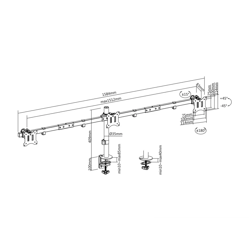 Equip 17 inch–32 inch lankstus trigubo monitoriaus stalinis laikiklis su spaustuvu/prakišamąja jungtimi, 21 kg