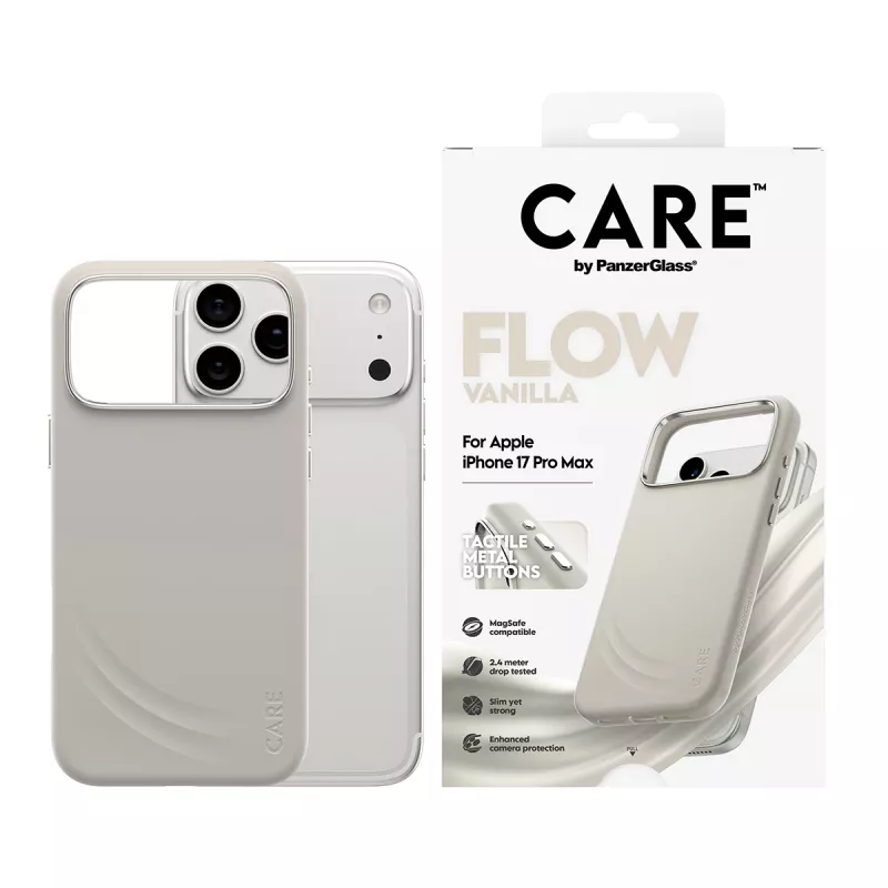 Užvalkalas „PanzerGlass CARE by® Feature FLOW“, vanilės spalvos, su „MagSafe“, skirtas „iPhone 17 Pro Max“