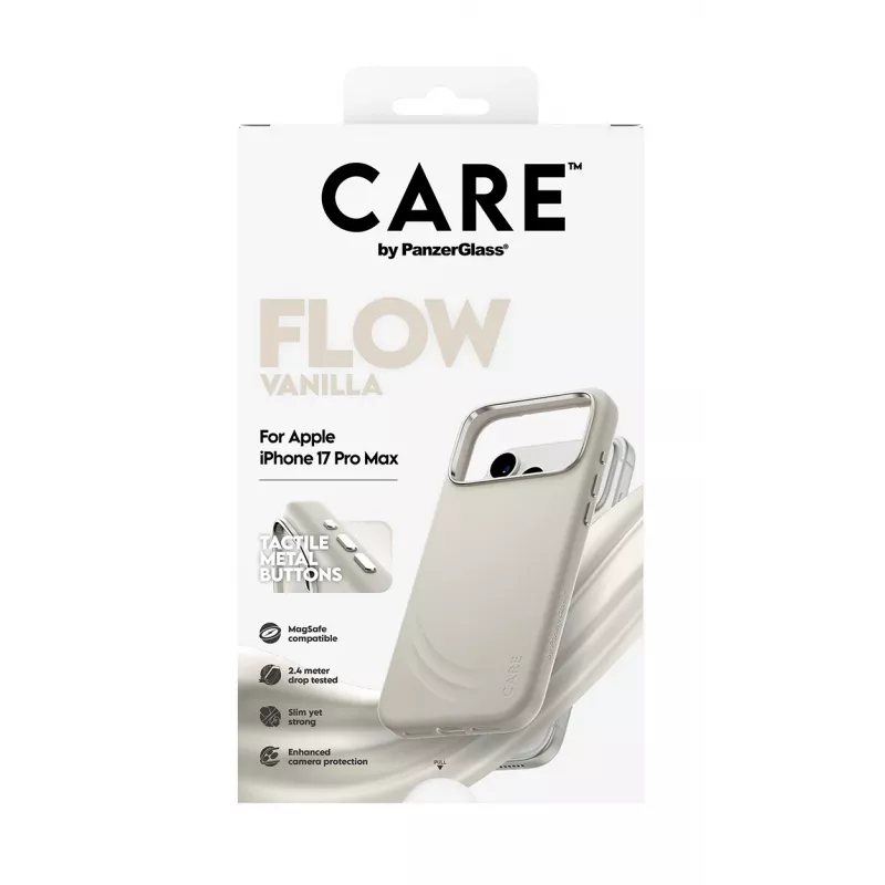 Užvalkalas „PanzerGlass CARE by® Feature FLOW“, vanilės spalvos, su „MagSafe“, skirtas „iPhone 17 Pro Max“