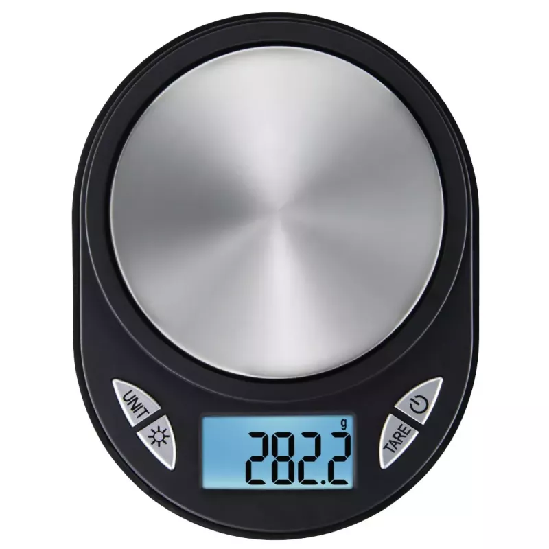 Elektroninės virtuvinės svarstyklės Xavax Jewel Juoda Oval – maks. 0,5 kg, tikslumas 0,1 g, CR2032 baterija, 130×100×15 mm