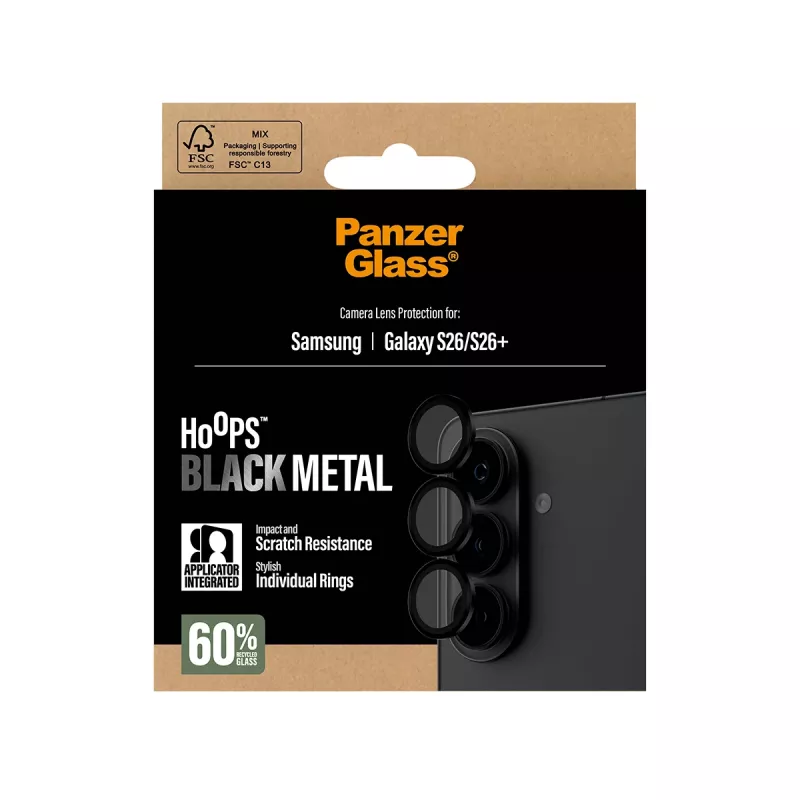 PanzerGlass Hoops kameros objektyvo apsauga juoda, skirta Samsung Galaxy S26 / S26+ — grūdintas stiklas ir silikonas, atspari įbrėžimams ir smūgiams