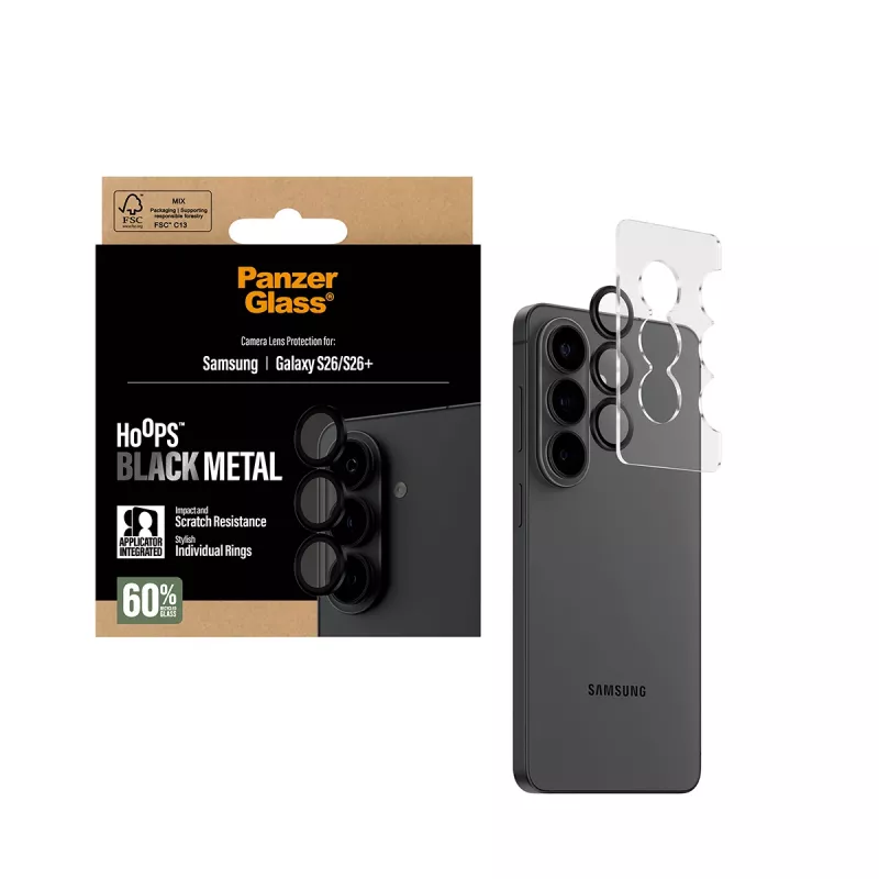 PanzerGlass Hoops kameros objektyvo apsauga juoda, skirta Samsung Galaxy S26 / S26+ — grūdintas stiklas ir silikonas, atspari įbrėžimams ir smūgiams