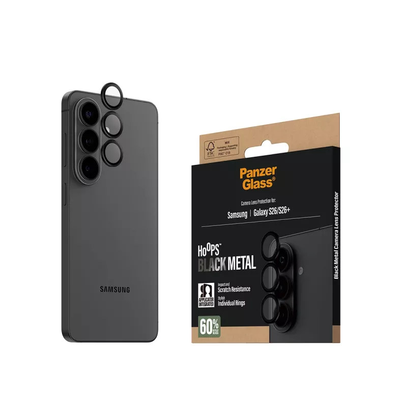 PanzerGlass Hoops kameros objektyvo apsauga juoda, skirta Samsung Galaxy S26 / S26+ — grūdintas stiklas ir silikonas, atspari įbrėžimams ir smūgiams