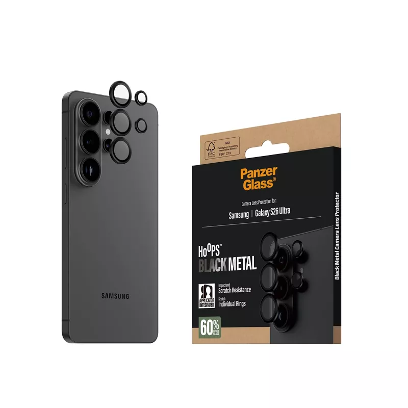 Kameros objektyvo apsauga PanzerGlass Hoops, skirta Samsung Galaxy S26 Ultra — Grūdintas stiklas, silikonas, juoda