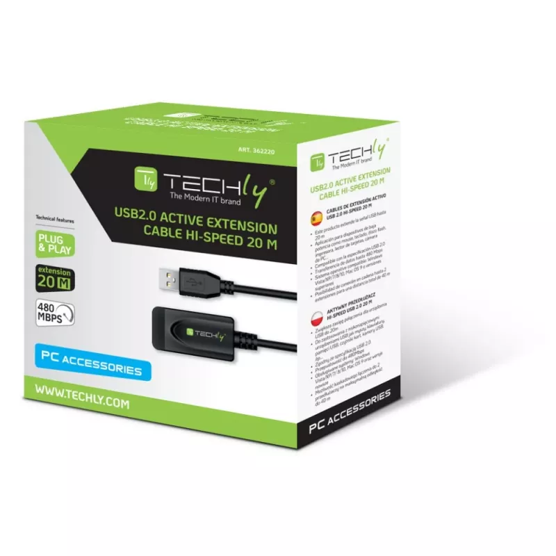 Techly IUSB-REP220TY3 USB laidas USB 2.0 20 m USB A Juoda