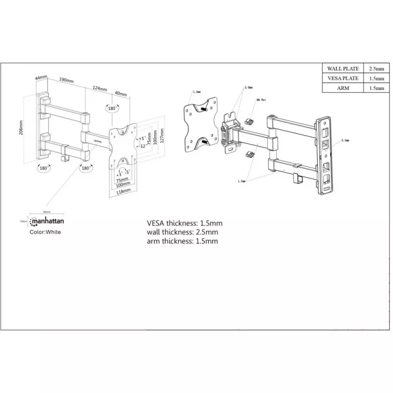 Manhattan Wall Mount for TV & Monitors (Full Motion), For screens 13 inch to 27 inch, VESA compatibility: 75x75mm and 100x100mm - check the dimensions of the four mounting holes on back of screen to ensure it fits, Max 20kg, Juoda, Bracket