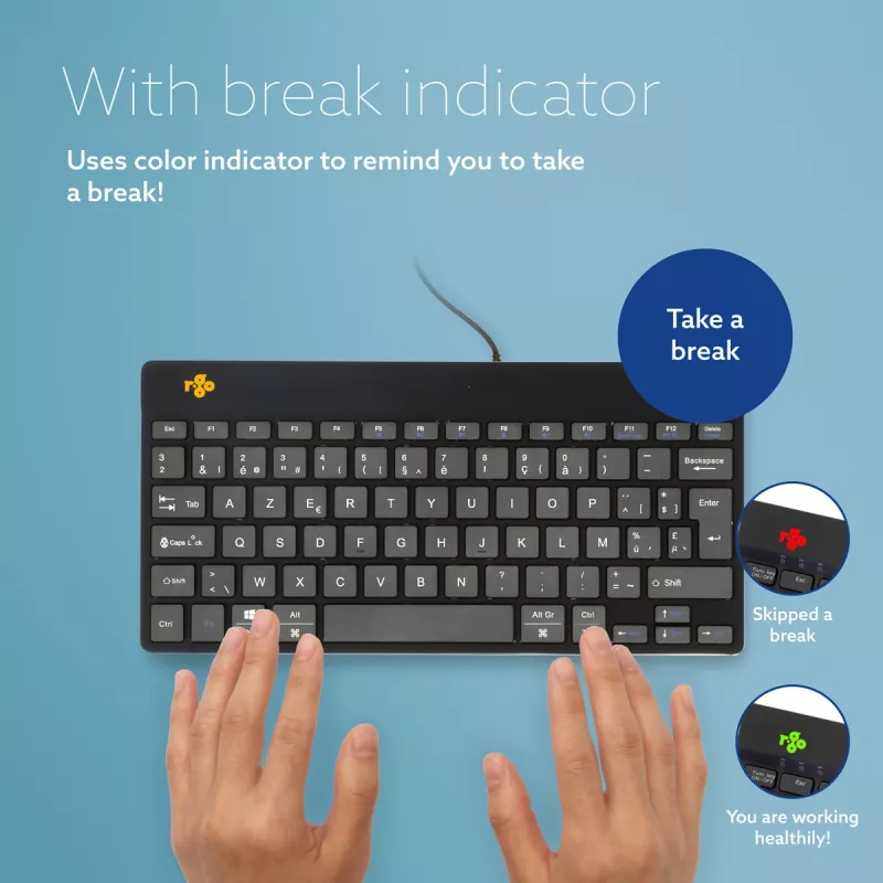 R-Go Tools Ergonominė klaviatūra R-Go Compact Break, kompaktiška klaviatūra su pertraukų programine įranga, AZERTY (BE), laidinė, juoda