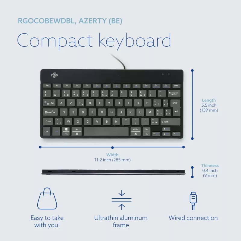 R-Go Tools Ergonominė klaviatūra R-Go Compact Break, kompaktiška klaviatūra su pertraukų programine įranga, AZERTY (BE), laidinė, juoda
