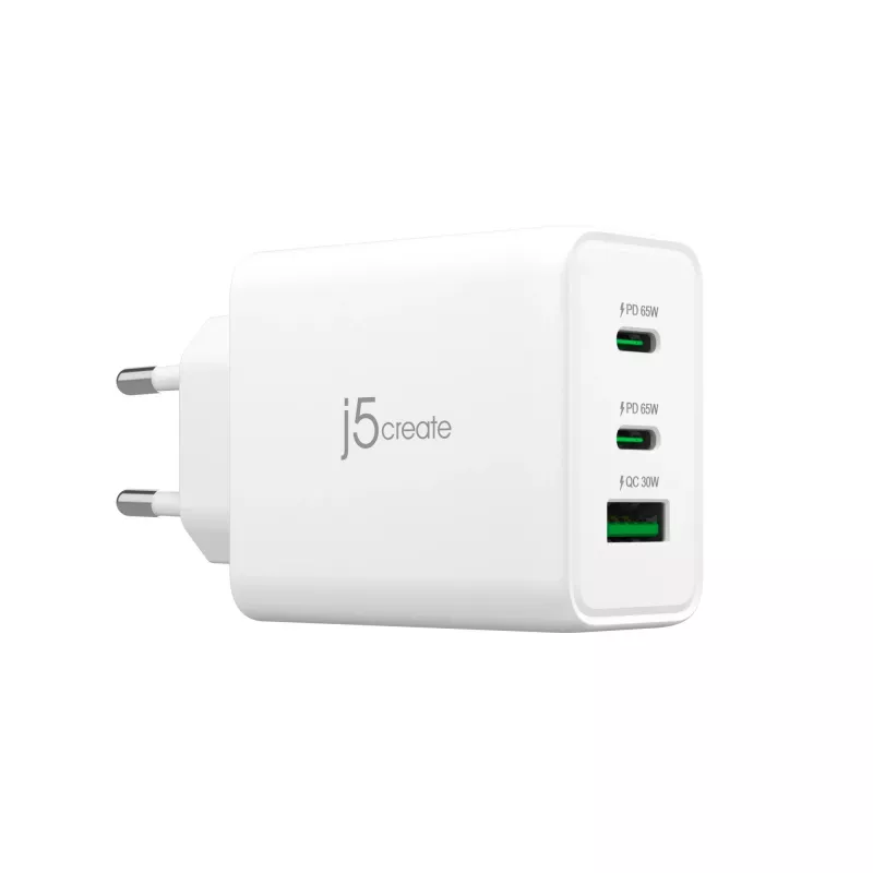 j5create JUP3365E-EN 65W GaN USB-C® 3 prievadų įkroviklis, vidaus, kintamoji srovė, baltas