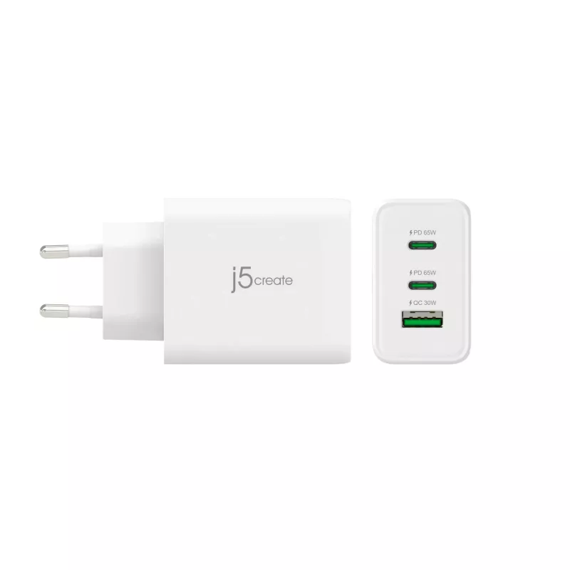 j5create JUP3365E-EN 65W GaN USB-C® 3 prievadų įkroviklis, vidaus, kintamoji srovė, baltas