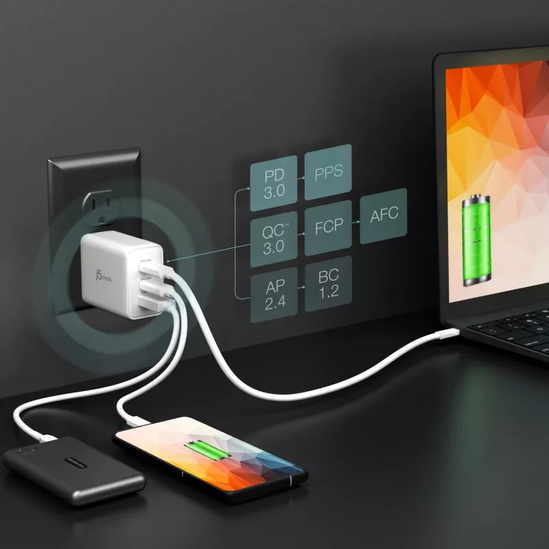 j5create JUP3365E-EN 65W GaN USB-C® 3 prievadų įkroviklis, vidaus, kintamoji srovė, baltas
