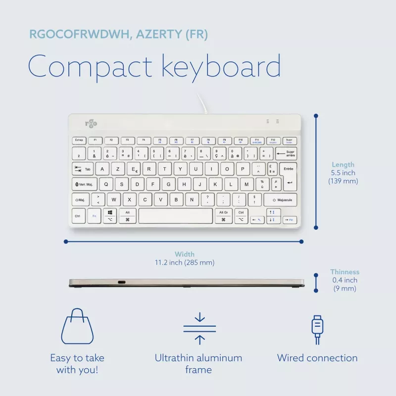 R-Go Tools ergonominė klaviatūra R-Go Compact Break, kompaktiška klaviatūra su pertraukų programine įranga, AZERTY (FR), laidinė, balta