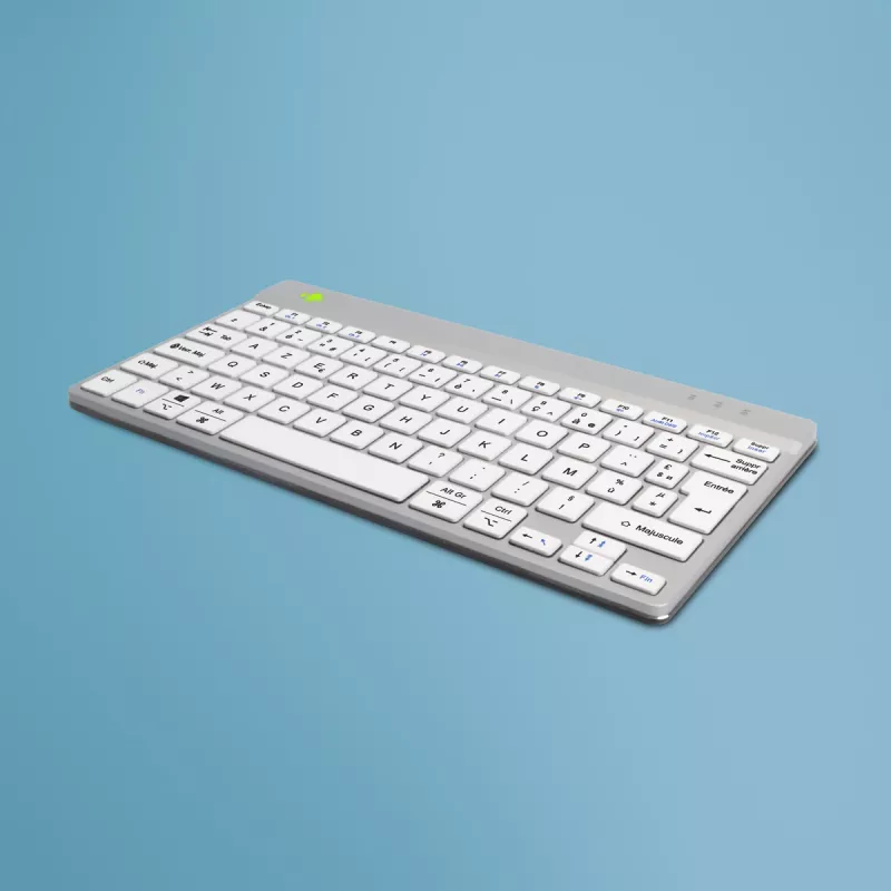 R-Go Tools Ergonominė klaviatūra R-Go Compact Break, kompaktiška klaviatūra su pertraukų programine įranga, AZERTY (FR), Bluetooth, balta