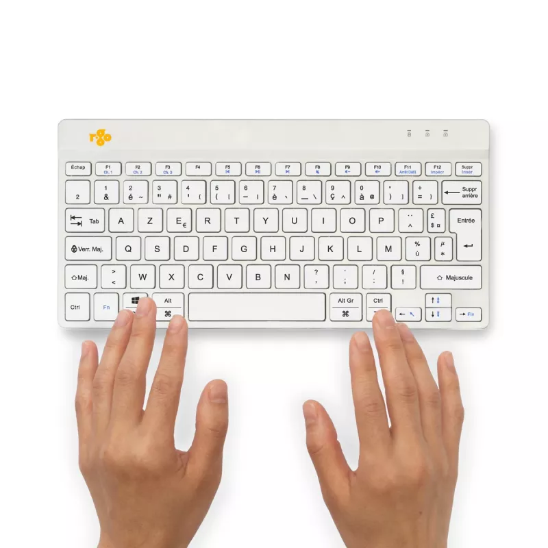 R-Go Tools Ergonominė klaviatūra R-Go Compact Break, kompaktiška klaviatūra su pertraukų programine įranga, AZERTY (FR), Bluetooth, balta