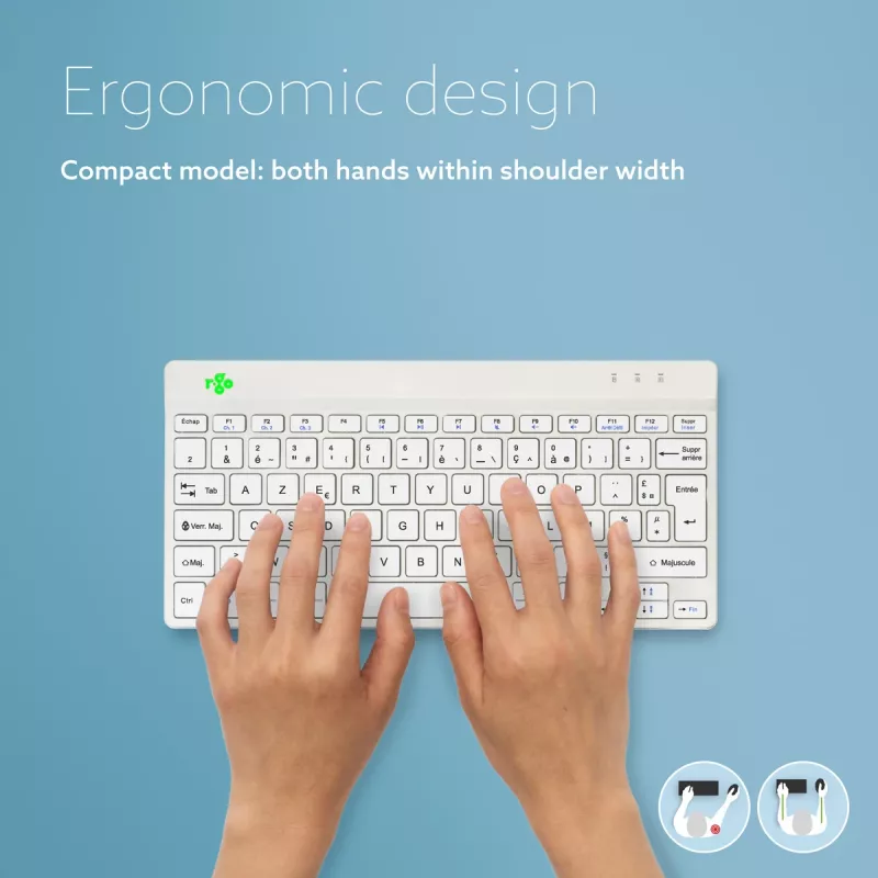 R-Go Tools Ergonominė klaviatūra R-Go Compact Break, kompaktiška klaviatūra su pertraukų programine įranga, AZERTY (FR), Bluetooth, balta
